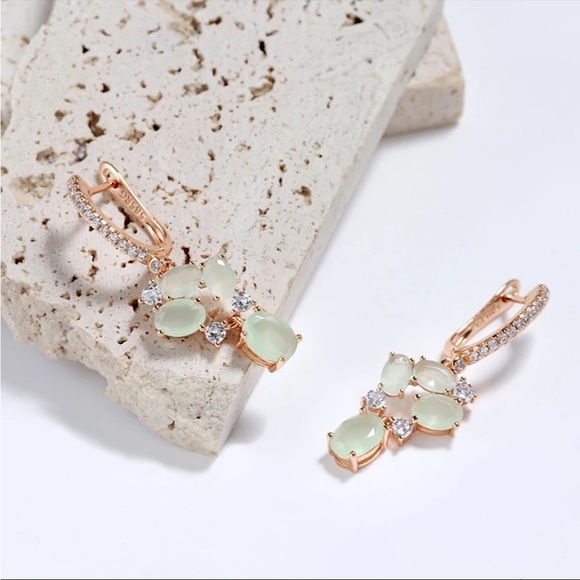 Rose Gold Plated Green Zircon Flower Drop Earrings - Picture 6 of 7